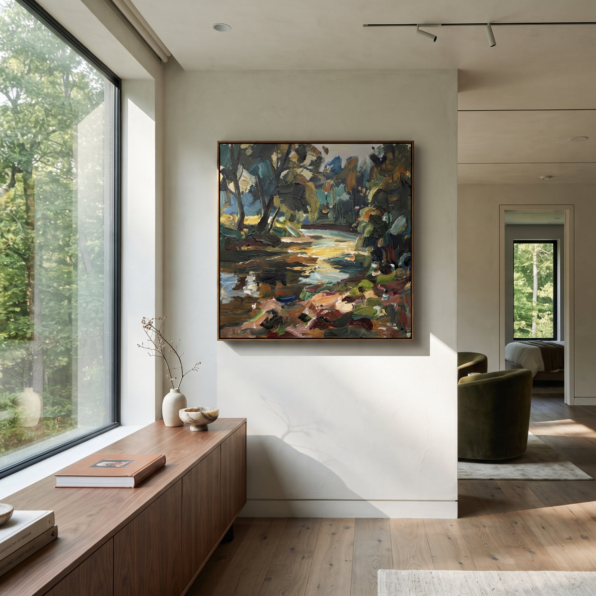 Creek Beneath Forest Light forest creek square landscape displayed in a styled interior