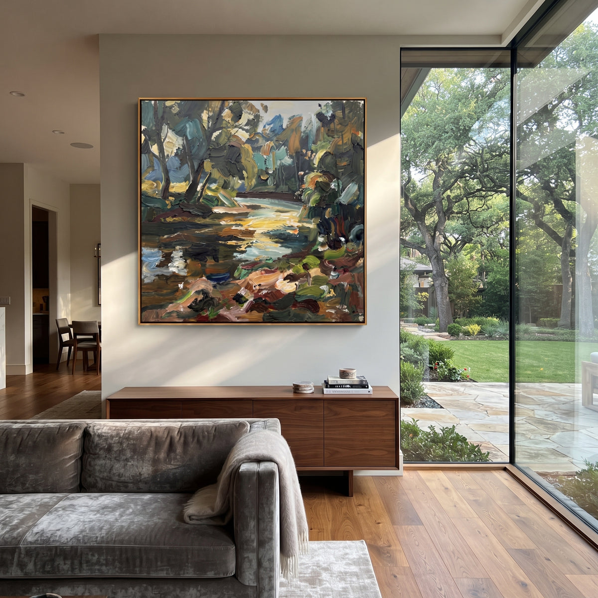 Creek Beneath Forest Light textured wall art shown in a contemporary room setting