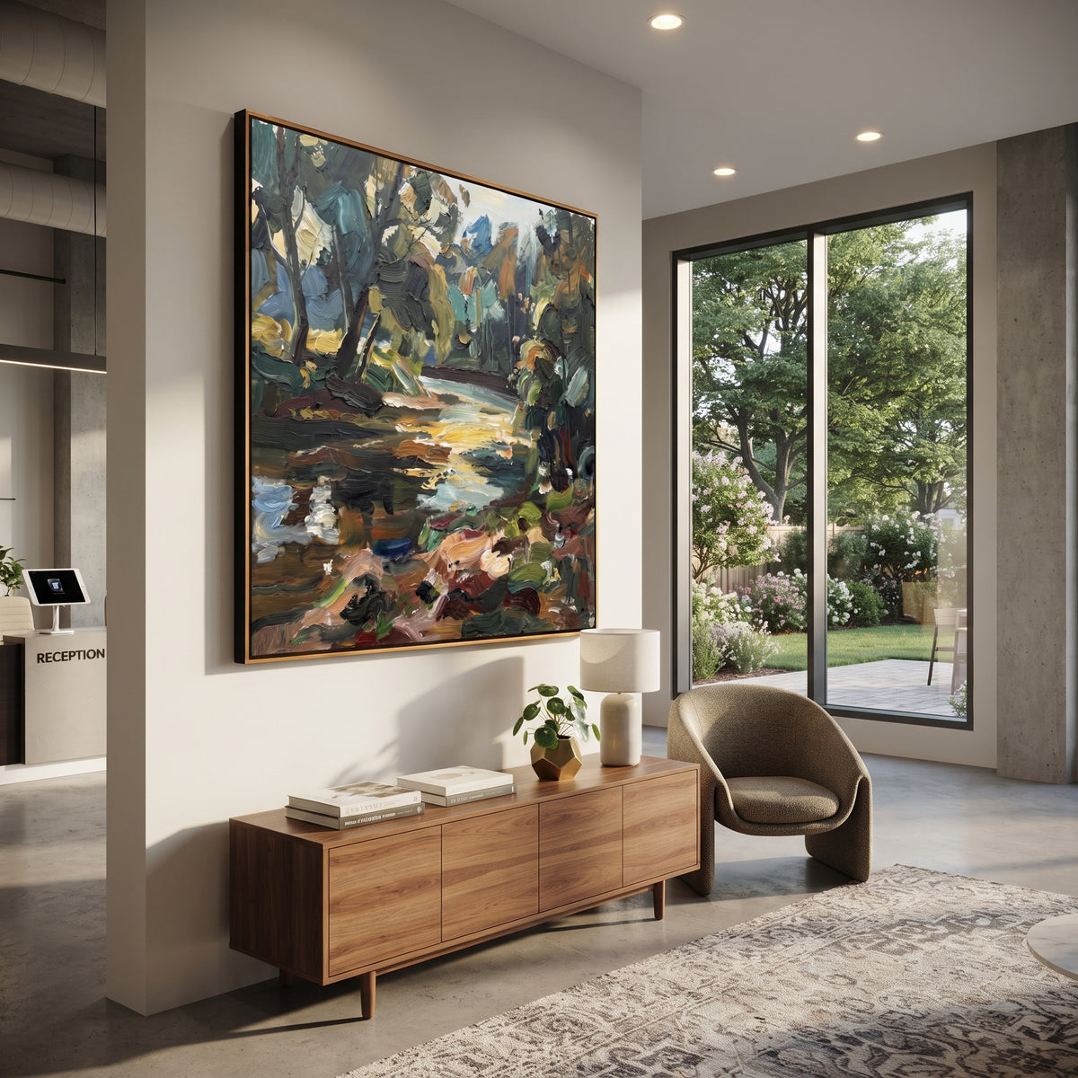 Creek Beneath Forest Light square painting displayed as a room focal point