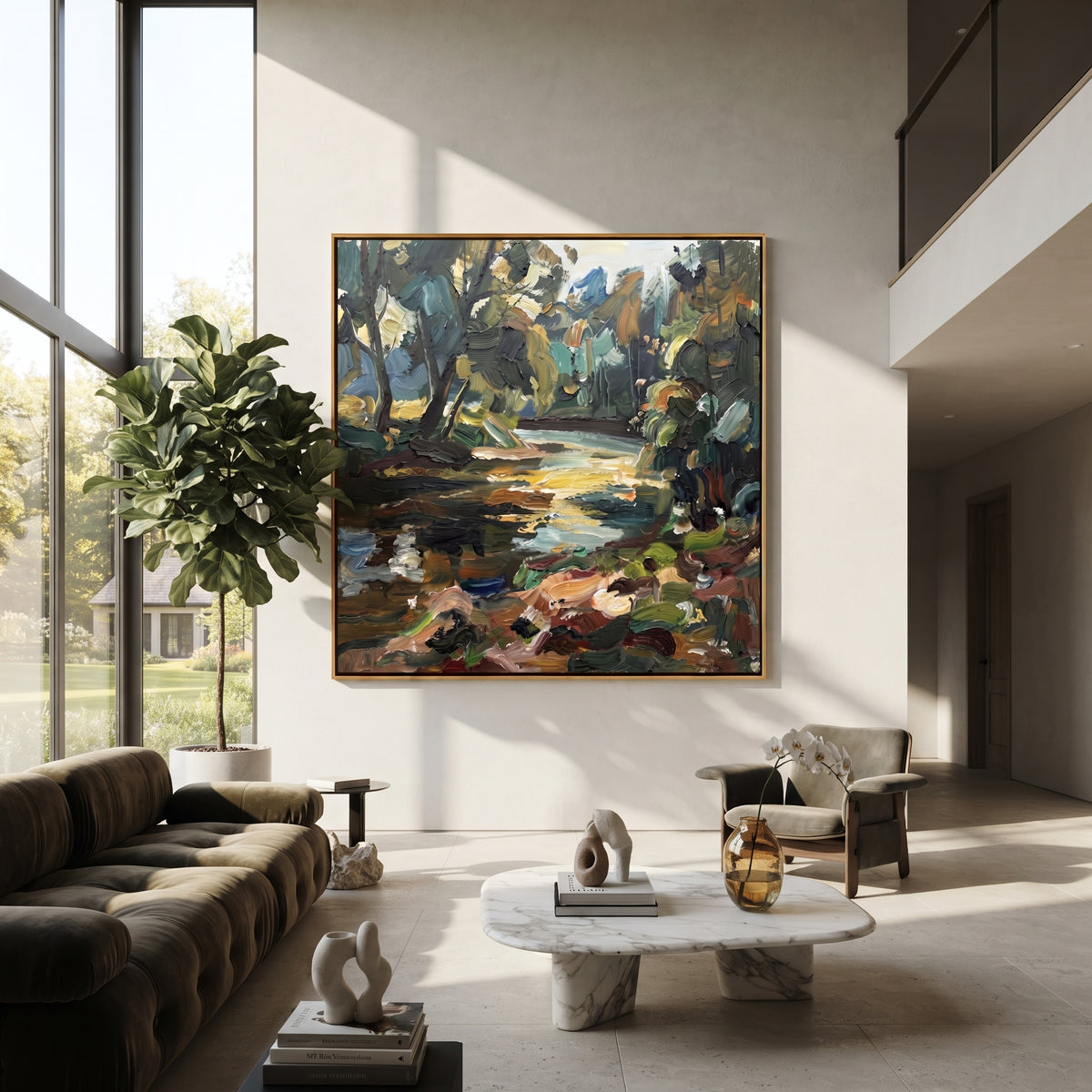 Creek Beneath Forest Light artwork shown with modern interior materials