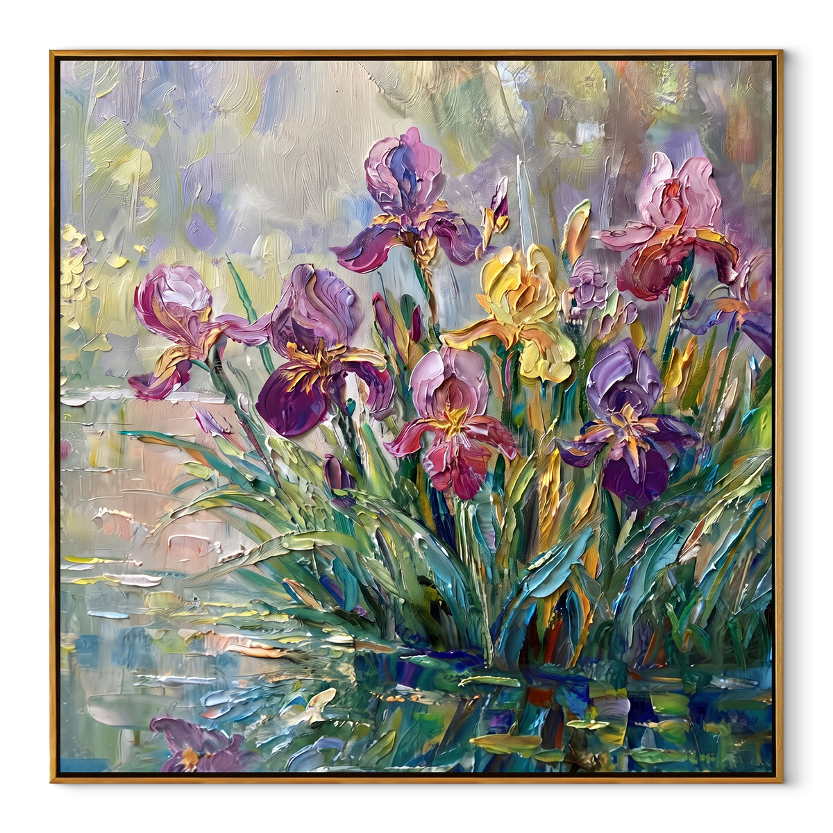 Iris Garden Reflected square canvas artwork in a wood frame on a white background