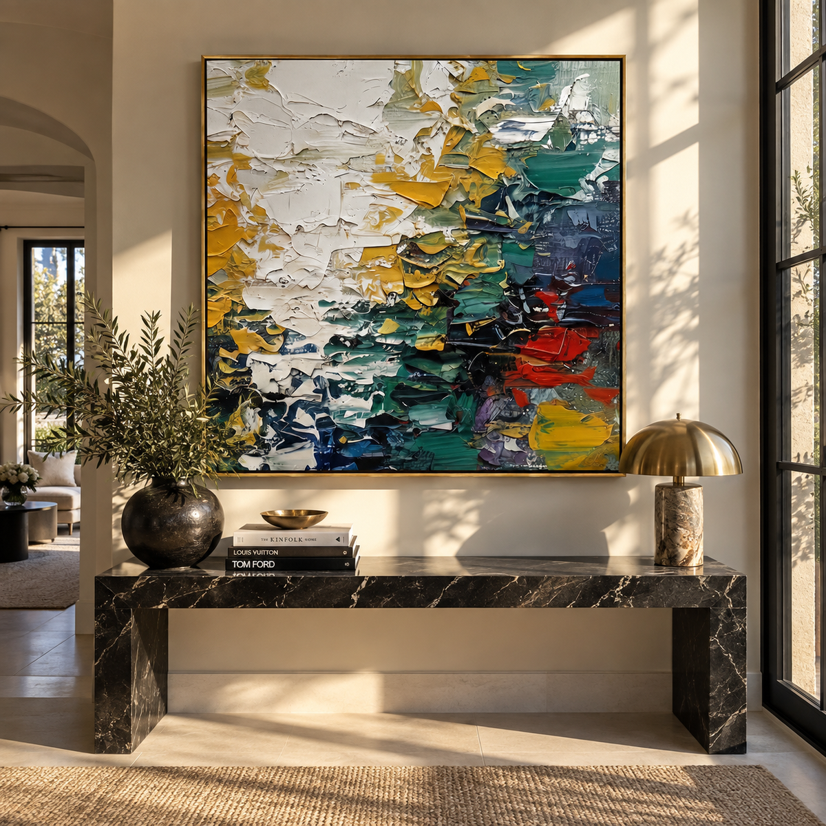 Color Fields Collide green yellow palette knife painting displayed in a styled interior