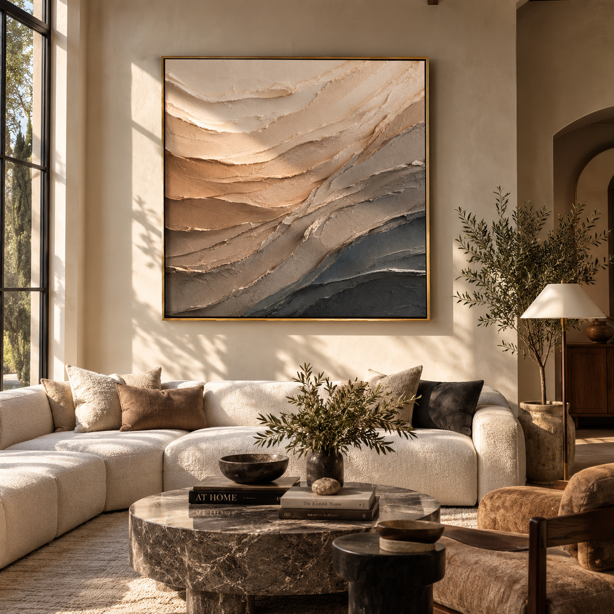 Sandstone Tides Turn textured wall art shown in a contemporary room setting