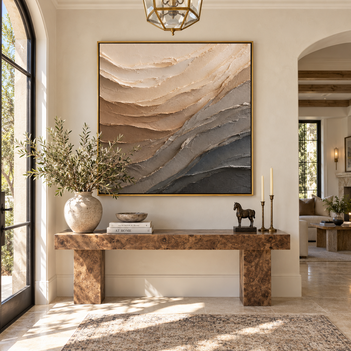 Sandstone Tides Turn artwork shown with modern interior materials