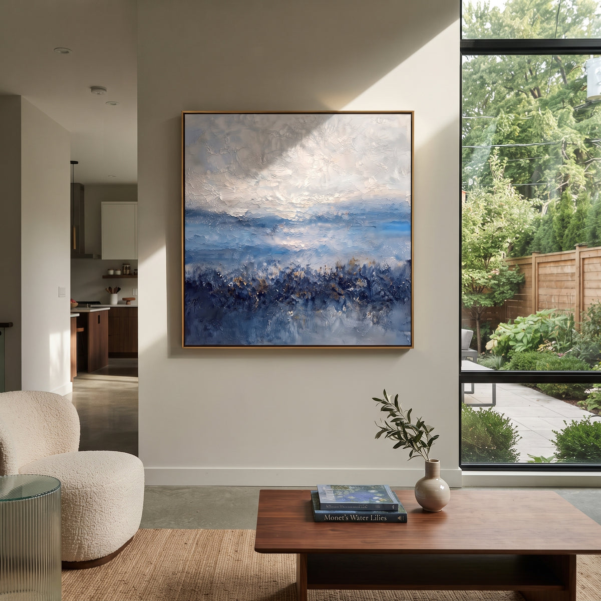 Blue Horizon in Snow textured wall art shown in a contemporary room setting