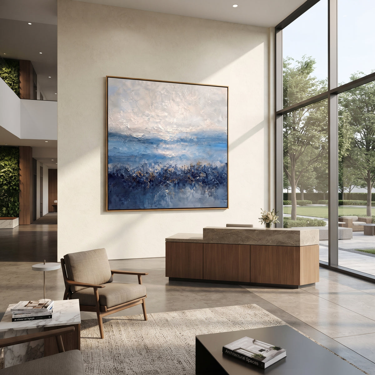 Blue Horizon in Snow square painting displayed as a room focal point