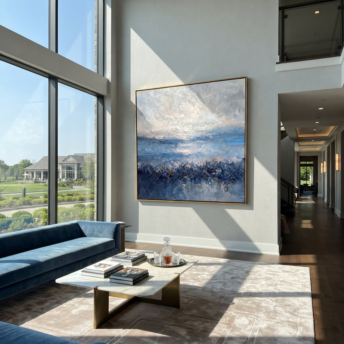 Blue Horizon in Snow artwork shown with modern interior materials