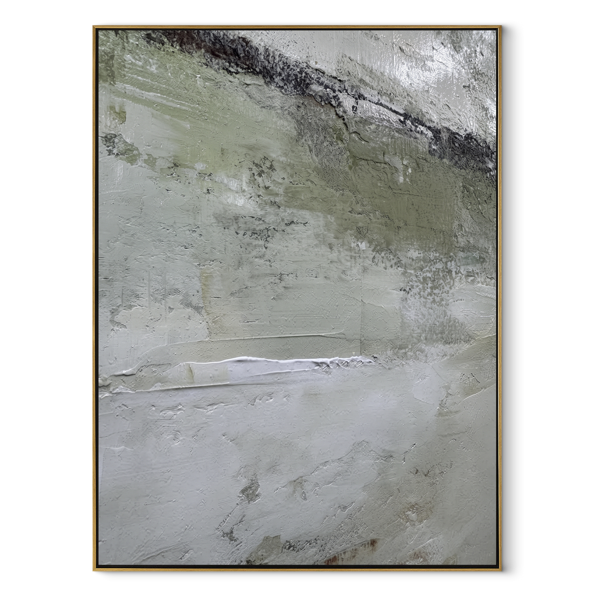 Slate Onyx Verdant Currents Distance - textured abstract painting in a wood frame on white