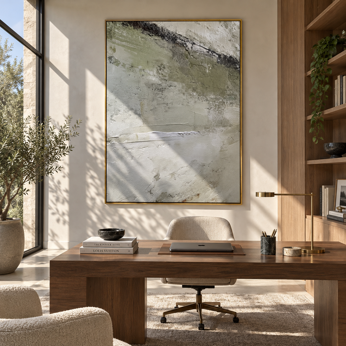 Slate Onyx Verdant Currents Distance - textured abstract painting shown in modern room setting 3