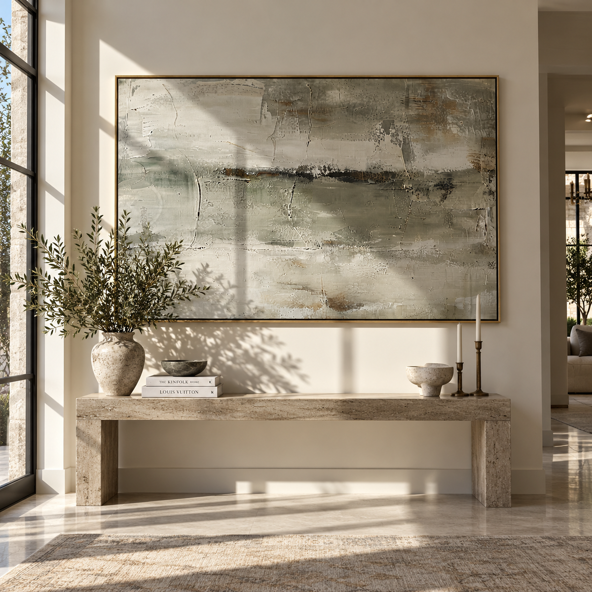 Slate Gilded Onyx Balance Tension - textured abstract painting displayed in a styled interior