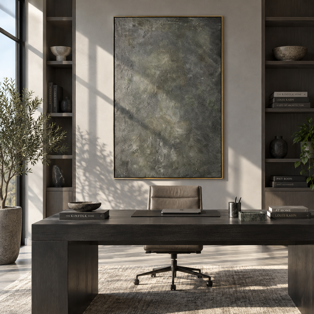 Slate Gilded Verdant Intervals Space - textured abstract painting displayed in a styled interior