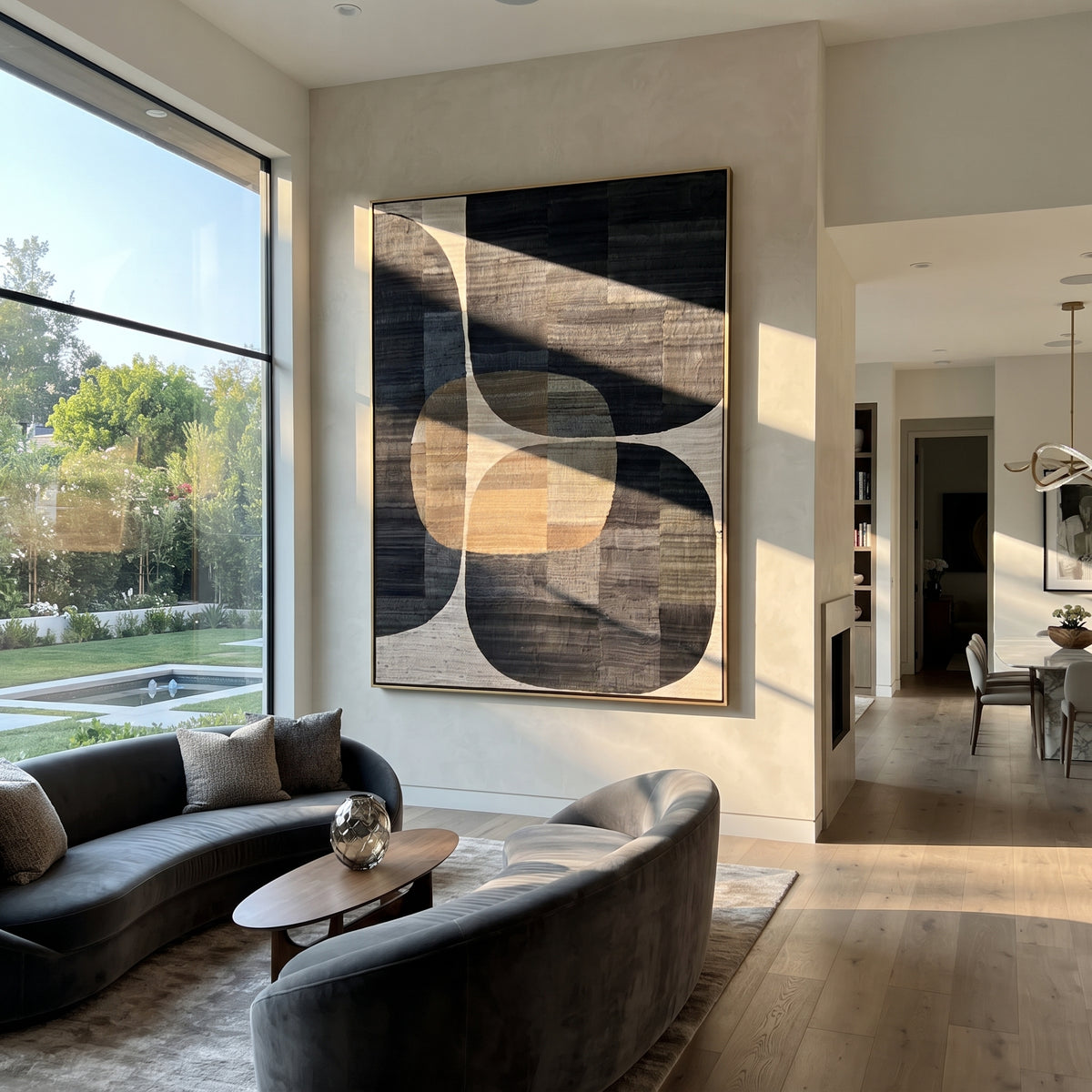 Onyx Slate Umber Contours Form - textured abstract painting displayed in a styled interior