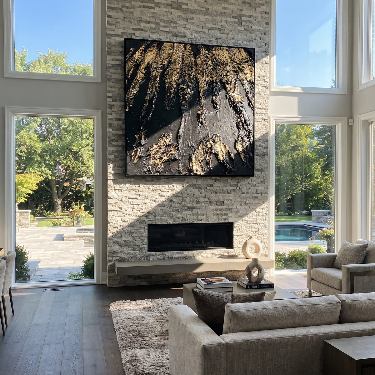 Onyx Slate Umber Crossing Motion - textured abstract painting displayed in a styled interior