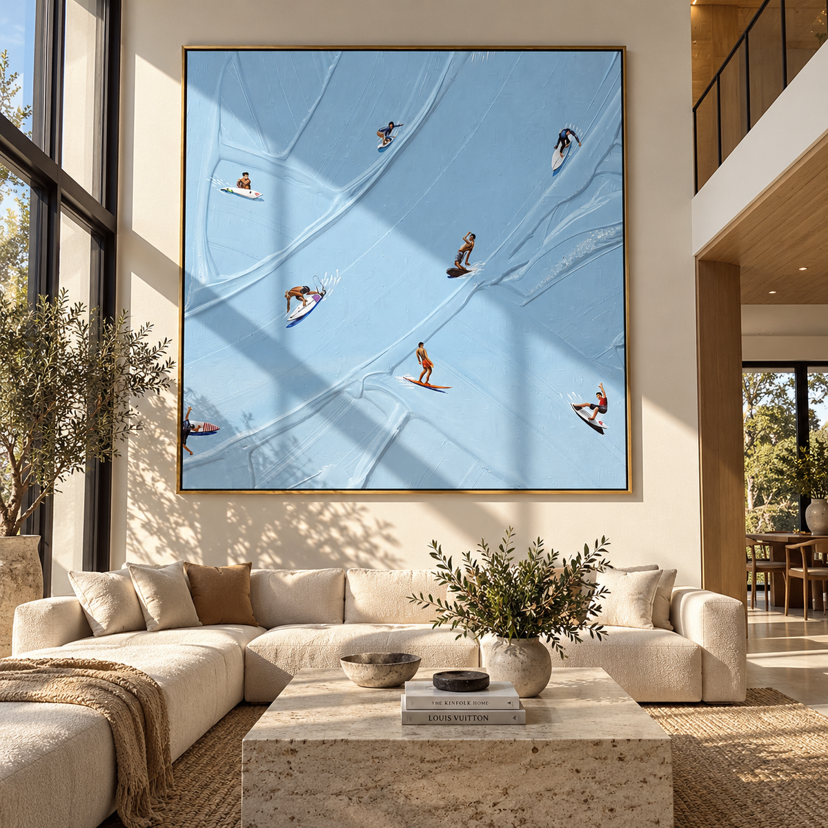 Azure Slate Swimmers Relief Pause - textured swimmer painting displayed in a styled interior