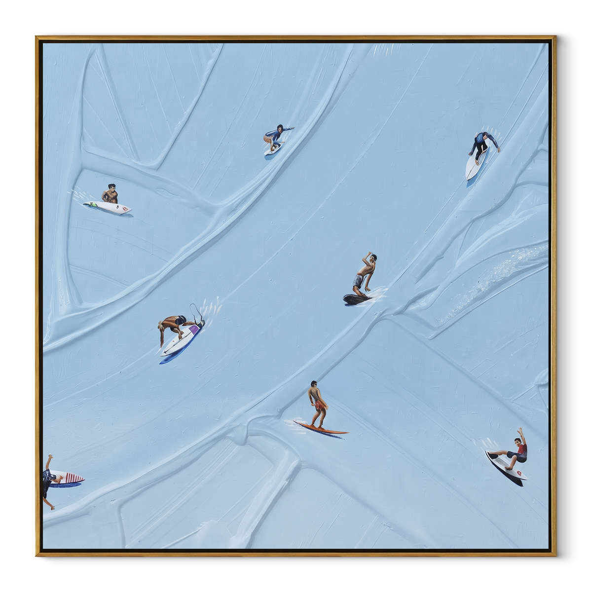 Azure Slate Swimmers Relief Pause - textured swimmer painting in a wood frame on white