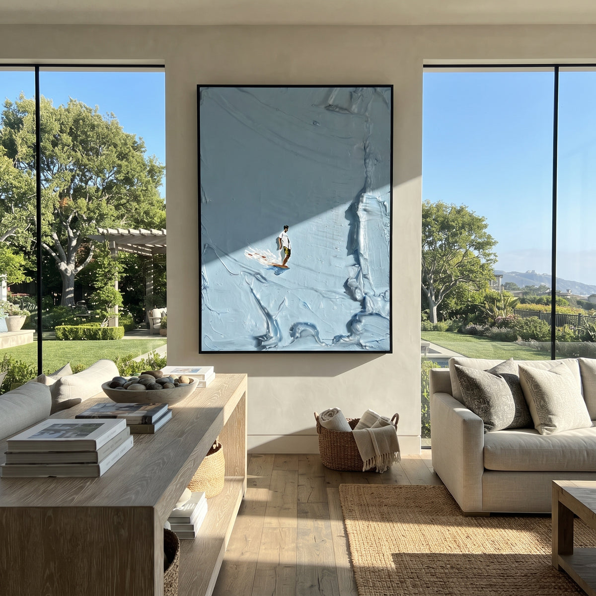 Azure Onyx Swimmers Strata Balance - textured swimmer painting displayed in a styled interior