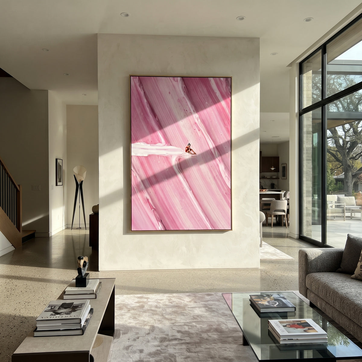 Blush Linen Swimmers Terraces Resonance - textured swimmer painting shown in modern room setting 5