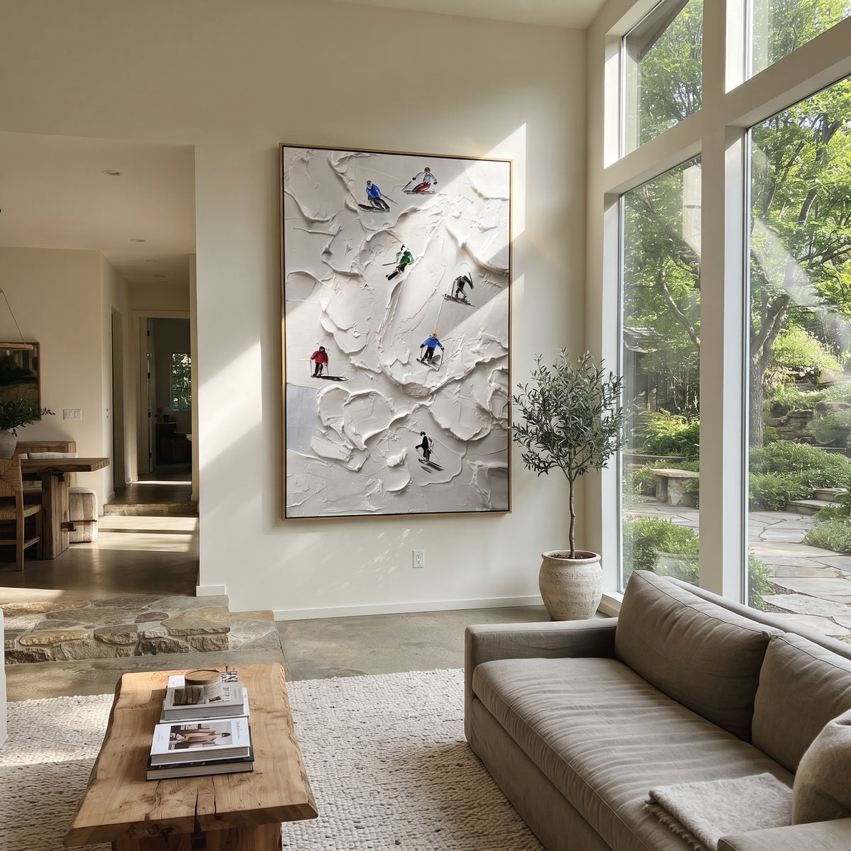 Slate Onyx Skiers Fragments Stillness - textured skiing painting displayed in a styled interior