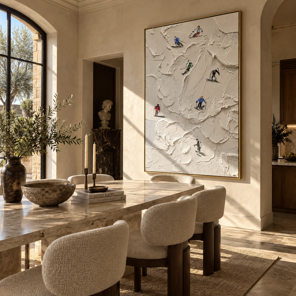 Slate Onyx Skiers Fragments Stillness - textured skiing painting shown in modern room setting 2