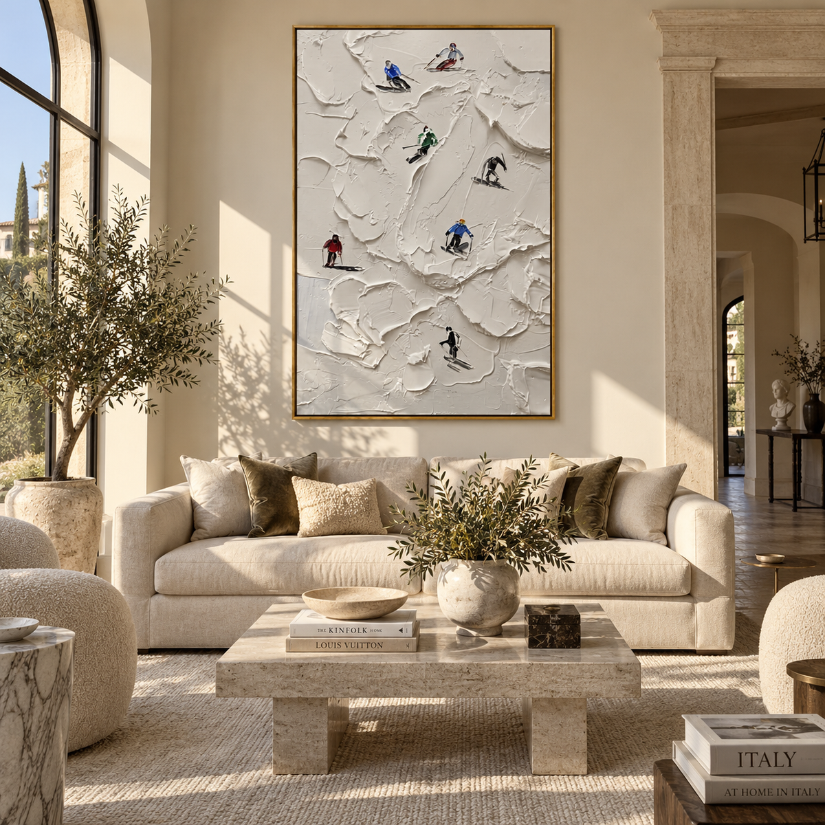 Slate Onyx Skiers Fragments Stillness - textured skiing painting shown in modern room setting 3