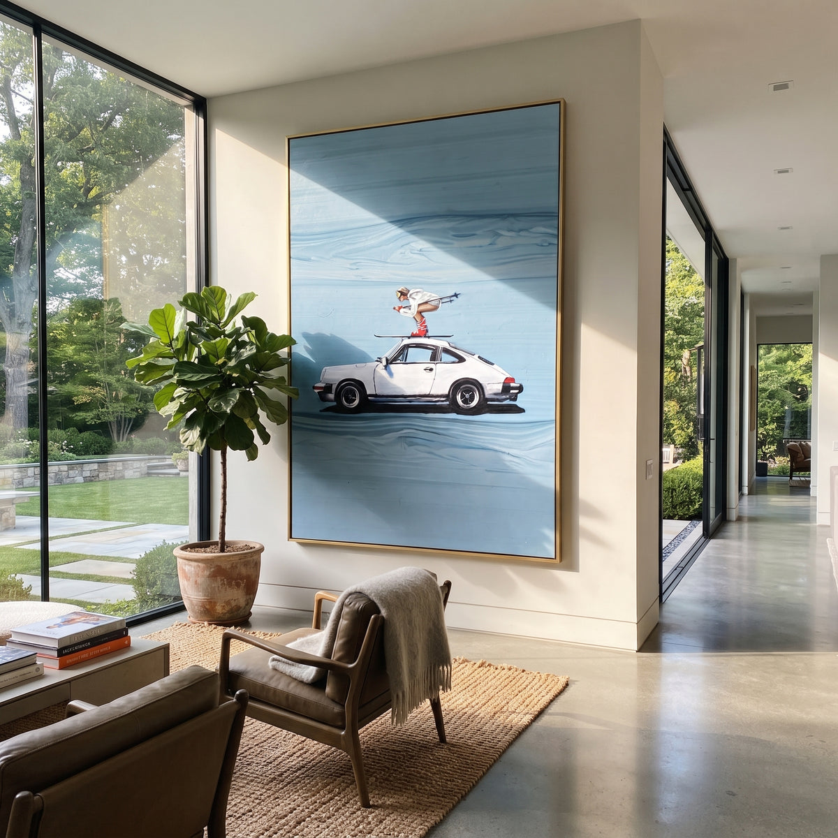 Azure Onyx Swimmers Currents Dusk - textured swimmer painting displayed in a styled interior