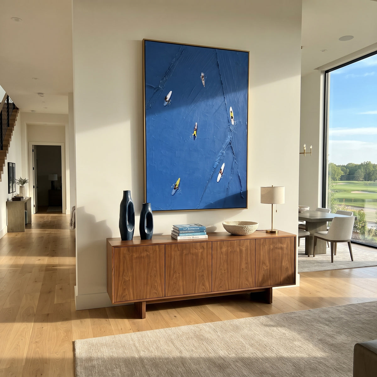 Azure Onyx Skiers Layers Interval - textured skiing painting shown in modern room setting 3
