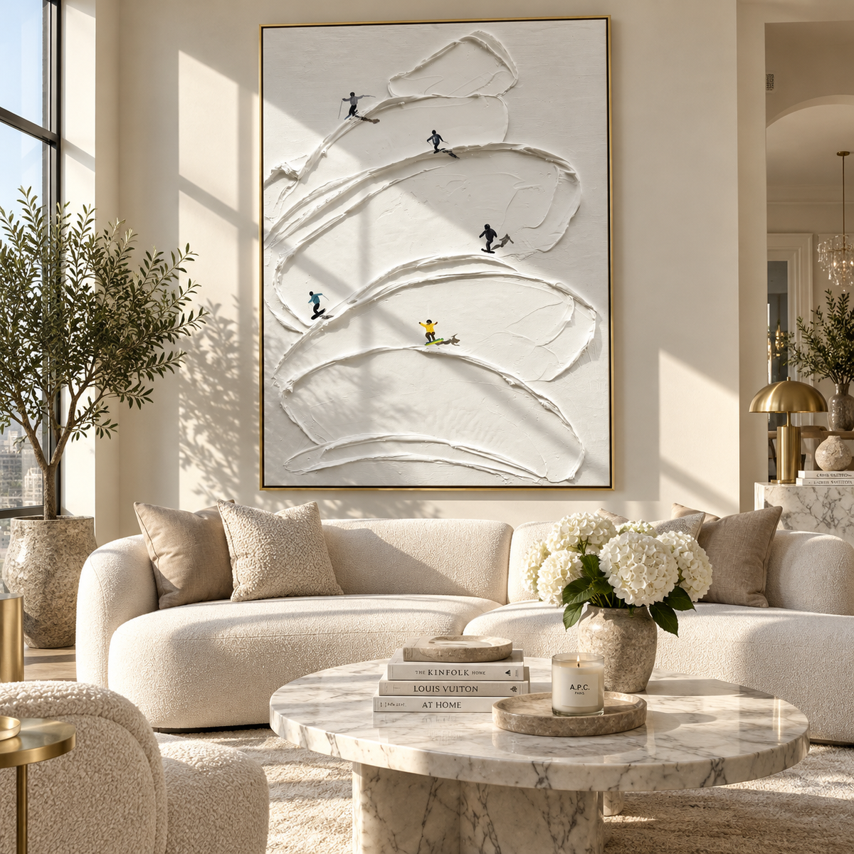 Slate Onyx Skiers Balance Distance - textured skiing painting displayed in a styled interior