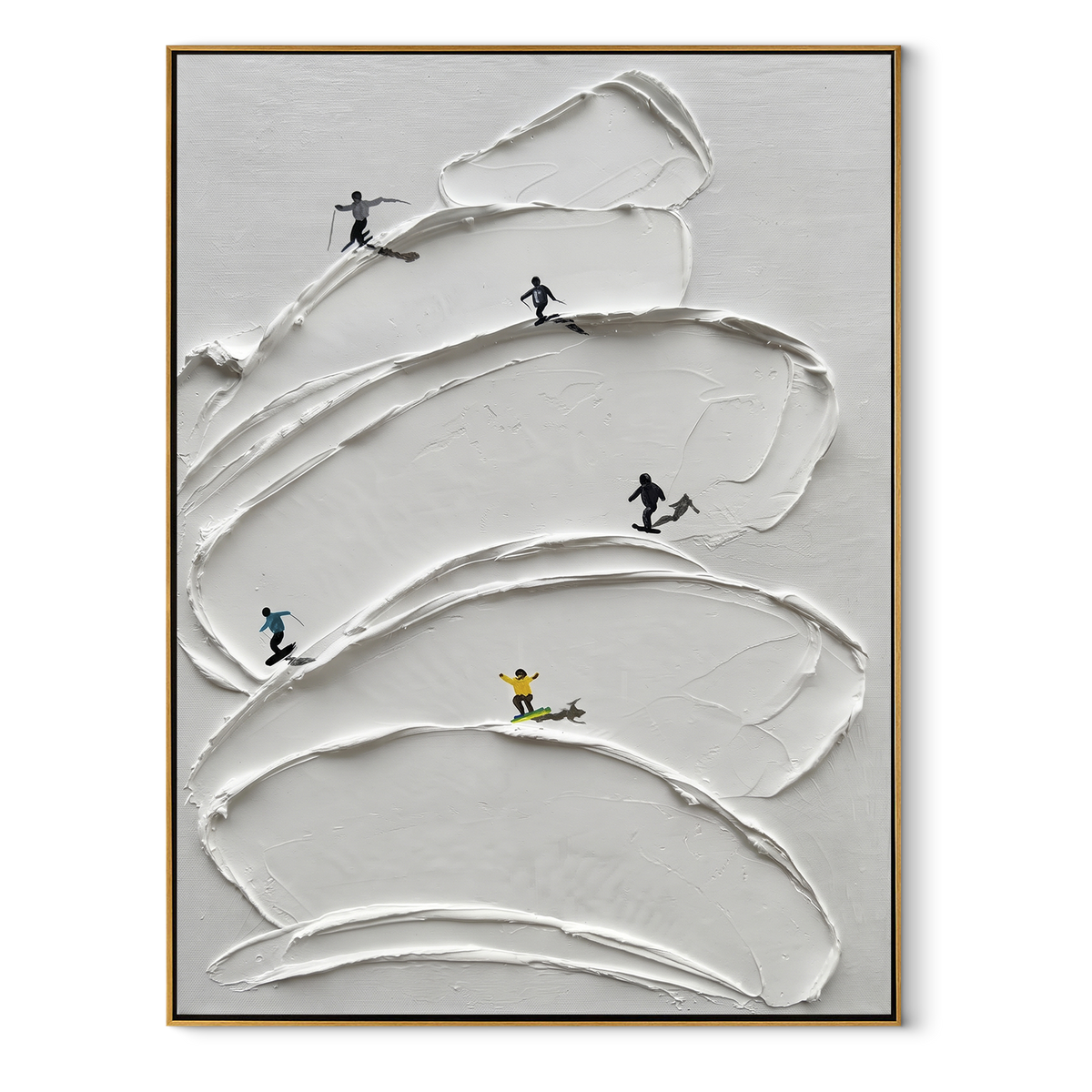 Slate Onyx Skiers Balance Distance - textured skiing painting in a wood frame on white