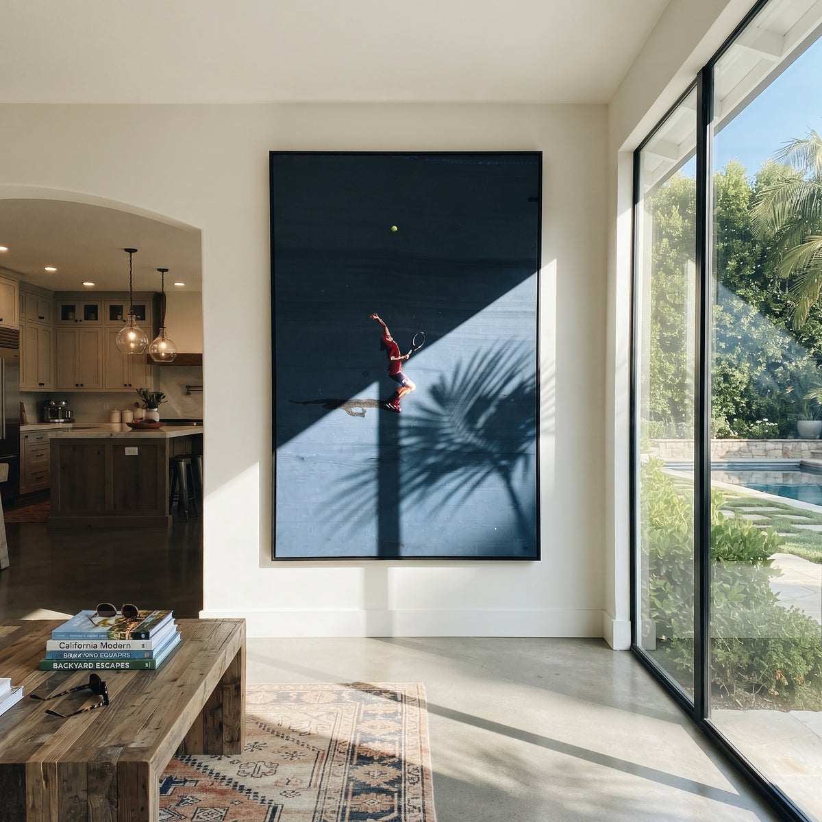 Azure Onyx Court Drift Tension - textured tennis painting displayed in a styled interior