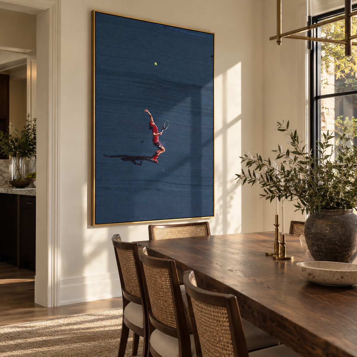 Azure Onyx Court Drift Tension - textured tennis painting shown in modern room setting 2