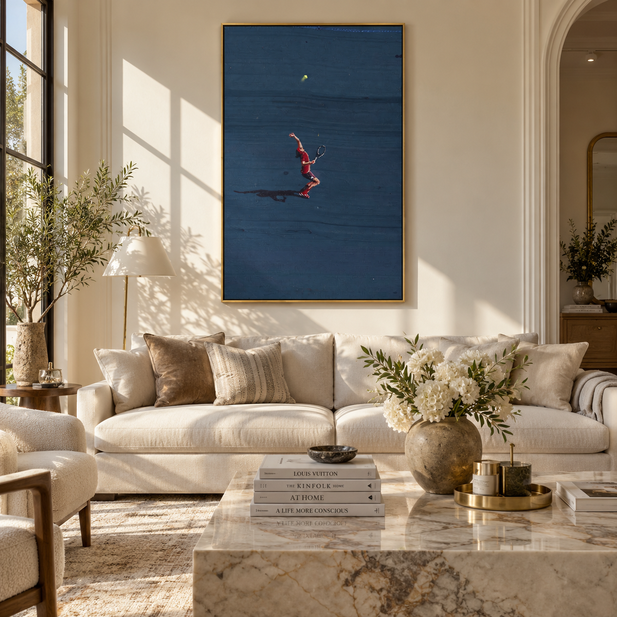 Azure Onyx Court Drift Tension - textured tennis painting shown in modern room setting 3
