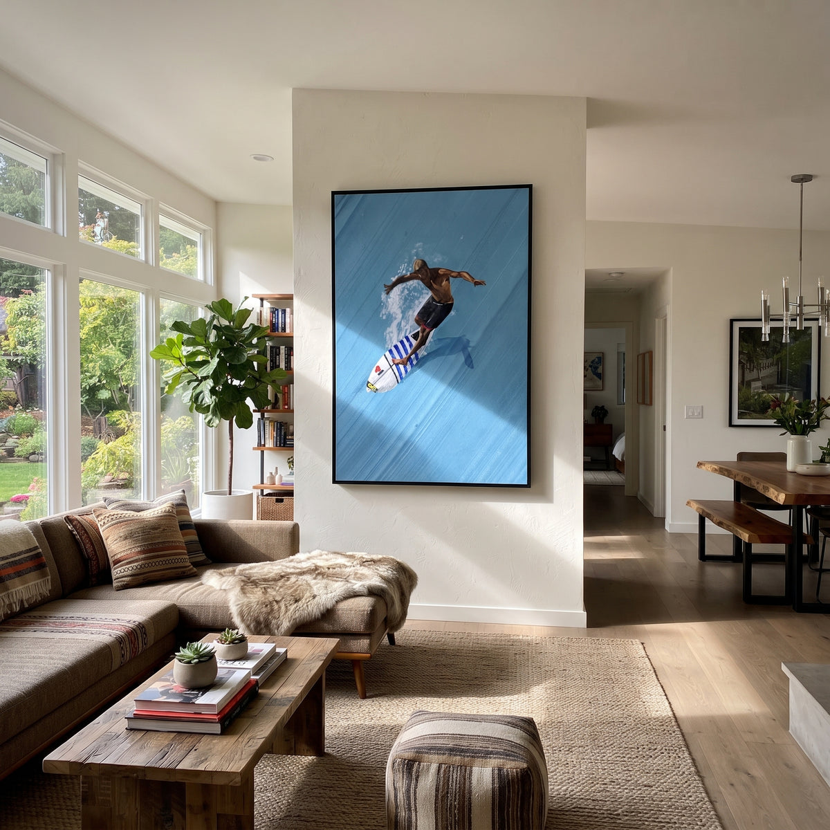 Azure Onyx Swimmers Crossing Quiet - textured swimmer painting displayed in a styled interior
