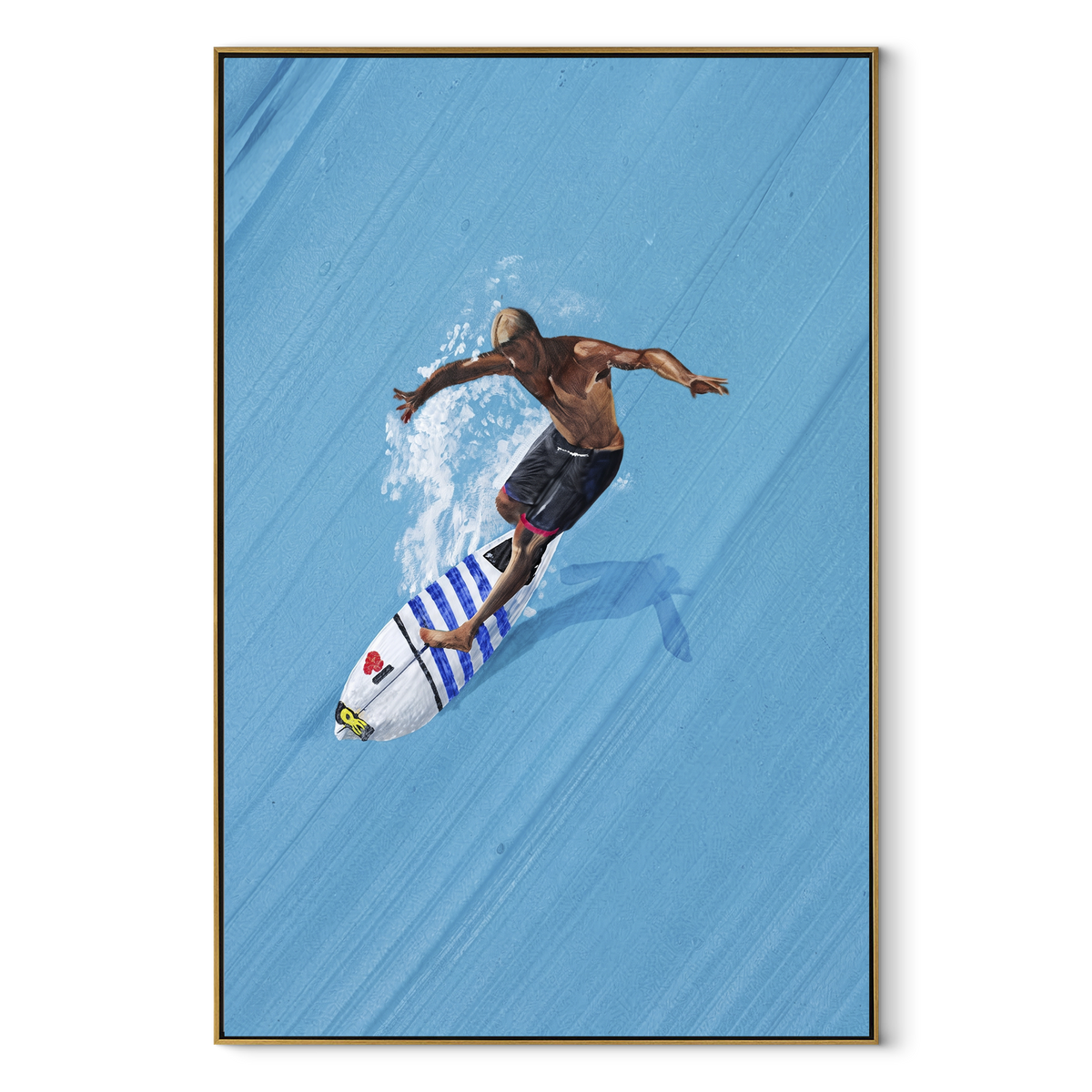 Azure Onyx Swimmers Crossing Quiet - textured swimmer painting in a wood frame on white