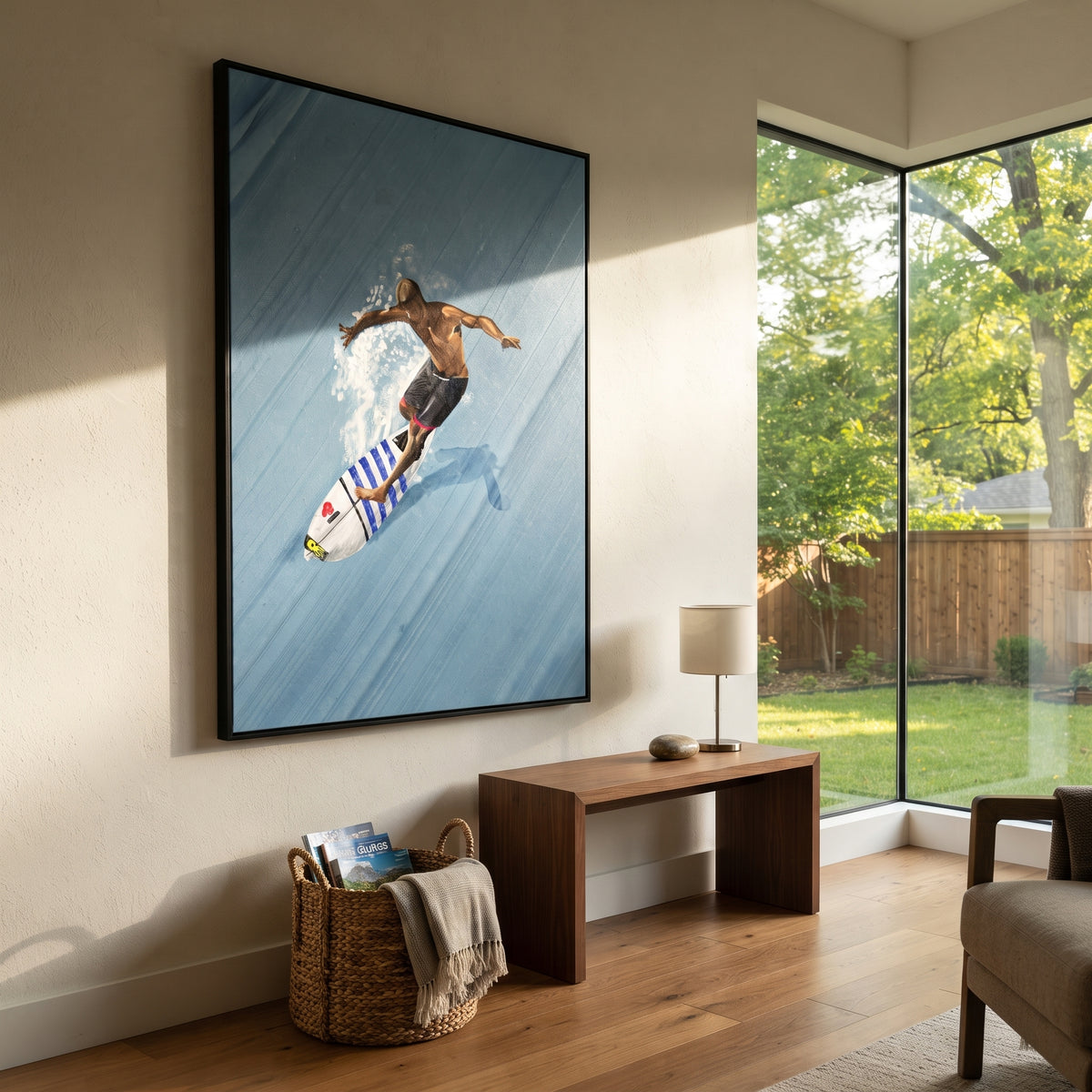 Azure Onyx Swimmers Crossing Quiet - textured swimmer painting shown in modern room setting 4
