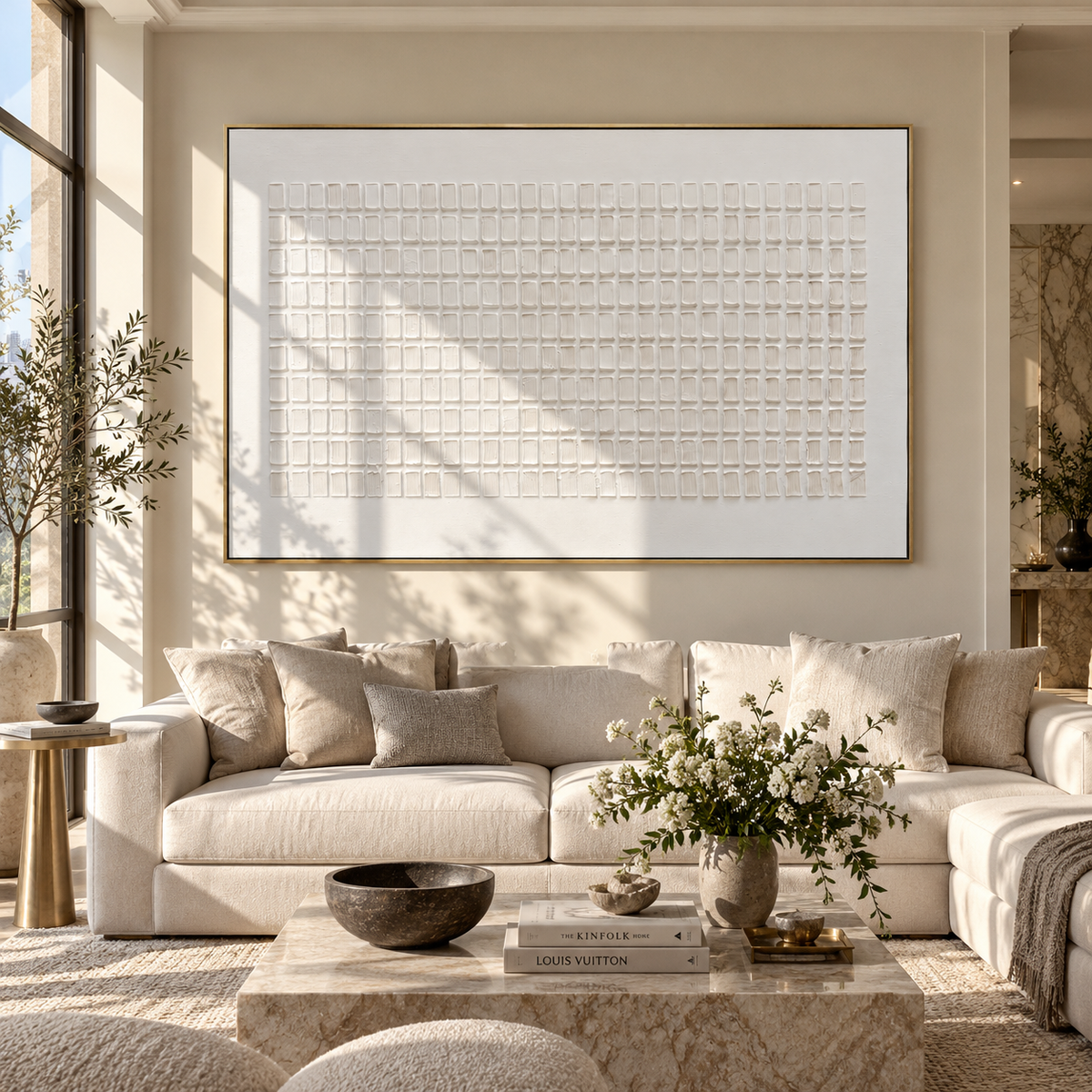 Slate Onyx Linen Echo Form - textured abstract painting displayed in a styled interior