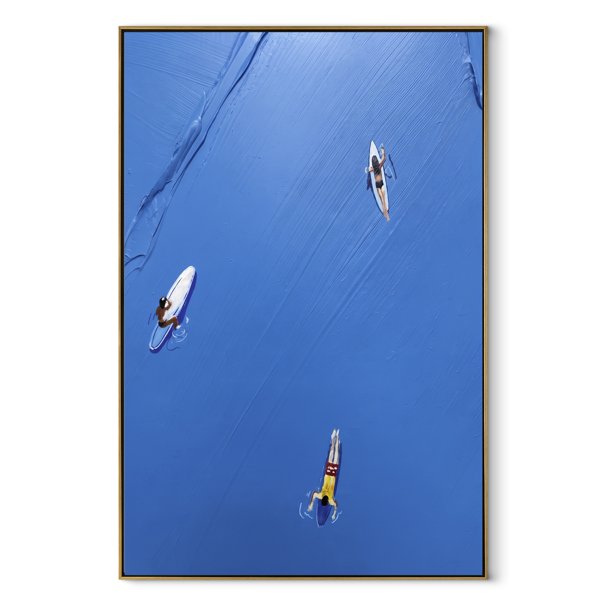 Azure Onyx Swimmers Relief Depth - textured swimmer painting in a wood frame on white