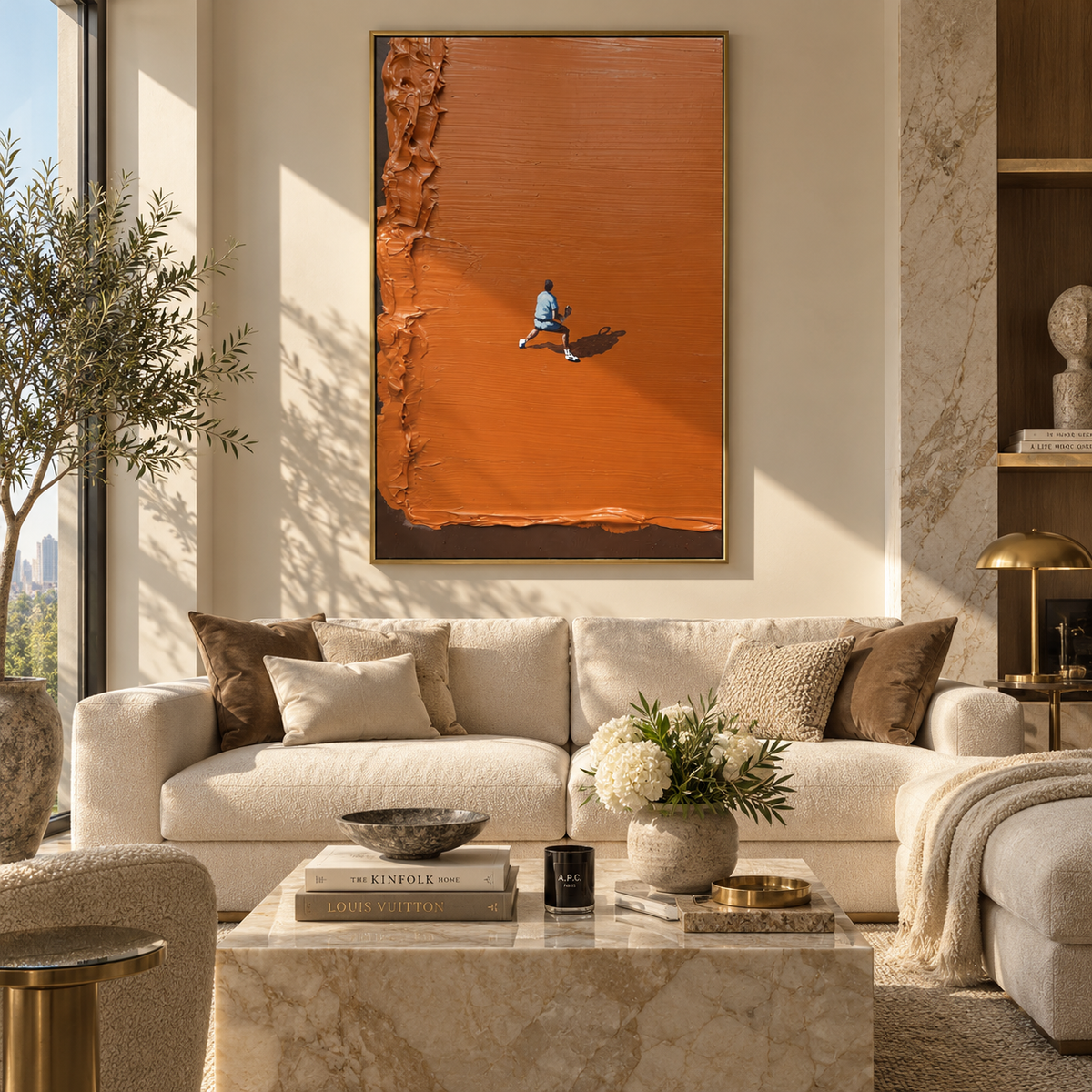 Amber Onyx Court Terraces Pause - textured tennis painting shown in modern room setting 2