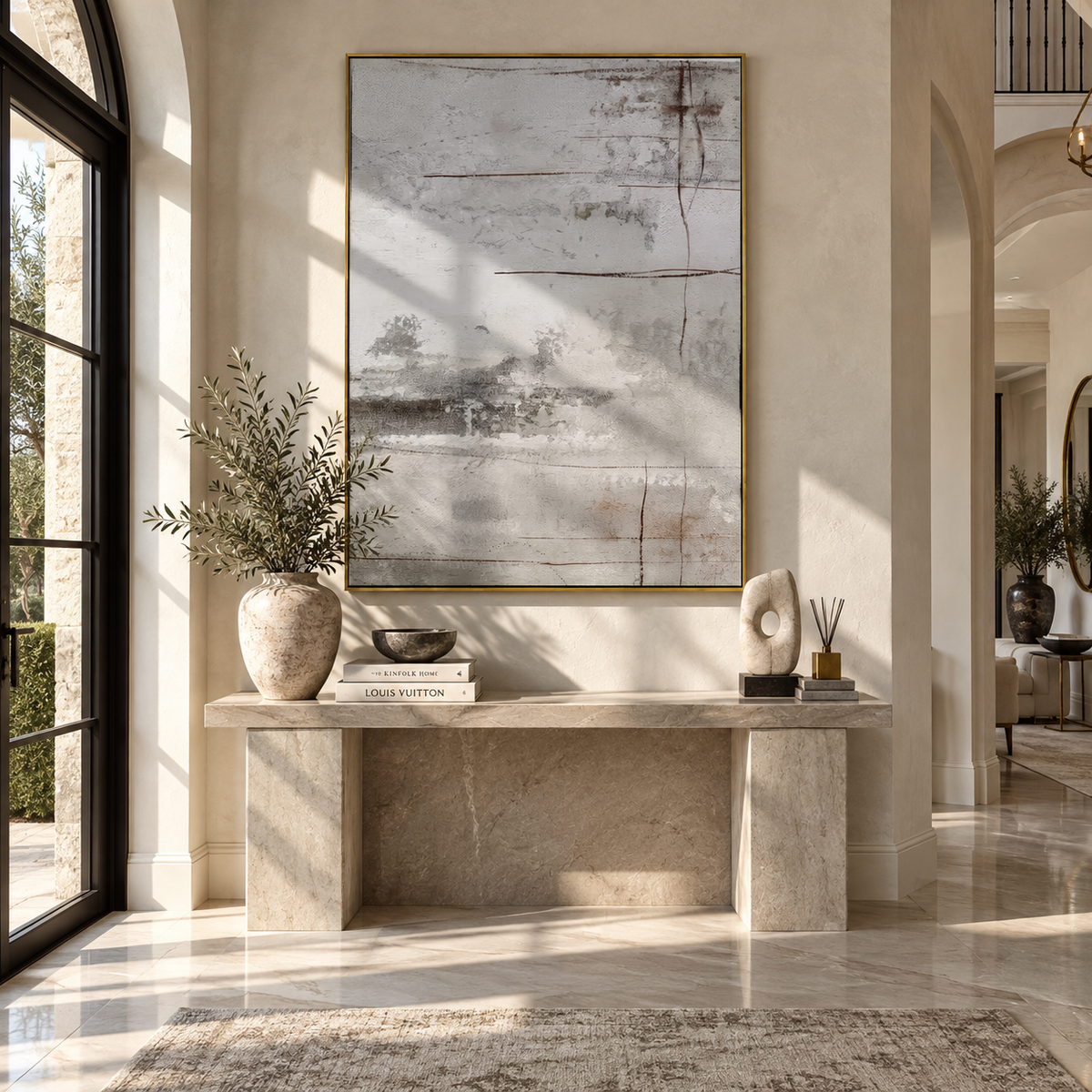 Slate Onyx Umber Horizon Balance - textured abstract painting displayed in a styled interior