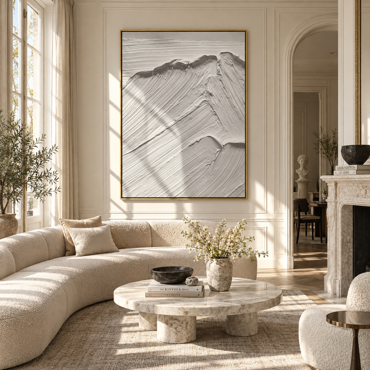 Slate Onyx Horizon Fragments Resonance - textured landscape painting displayed in a styled interior