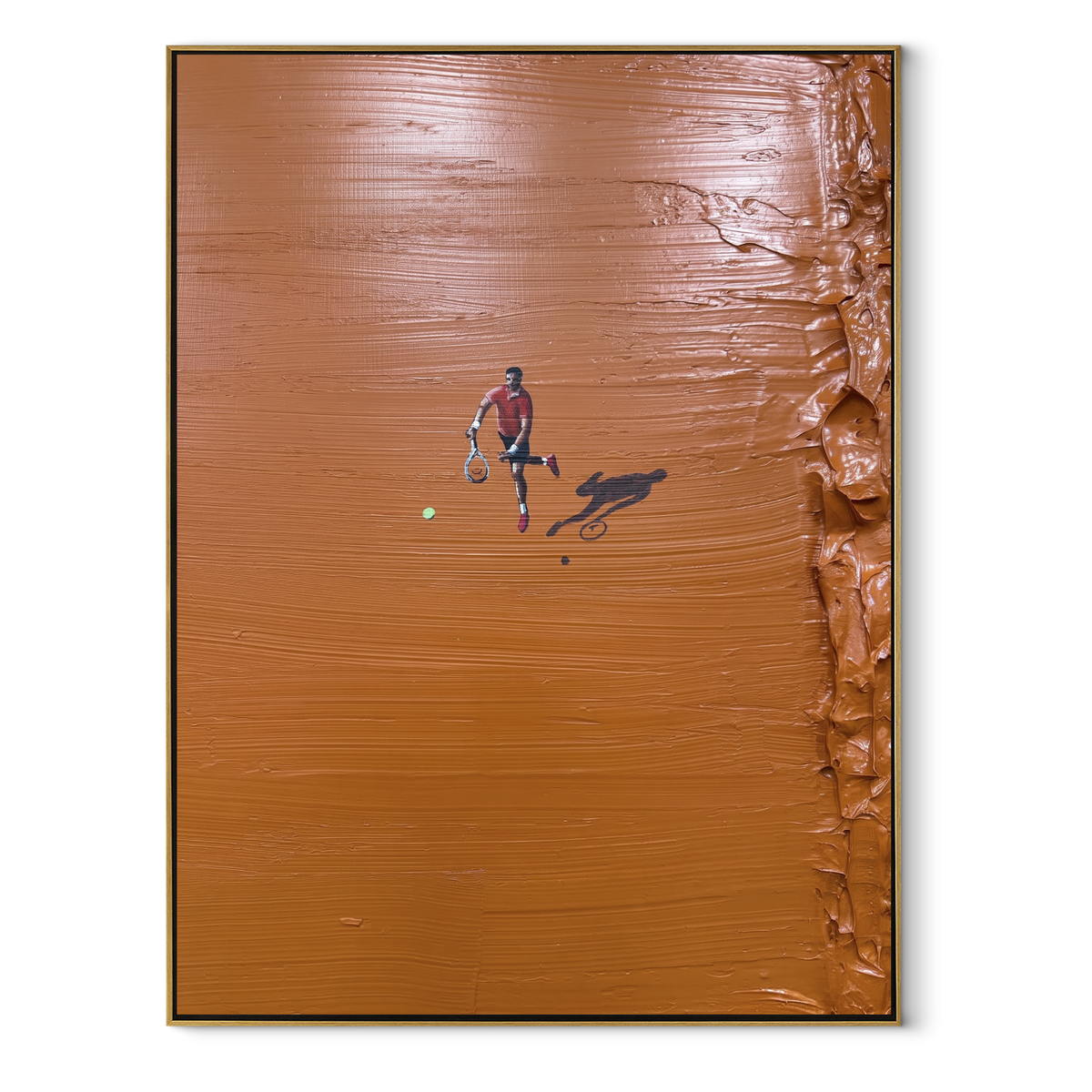 Amber Crimson Court Field Calm - textured tennis painting in a wood frame on white