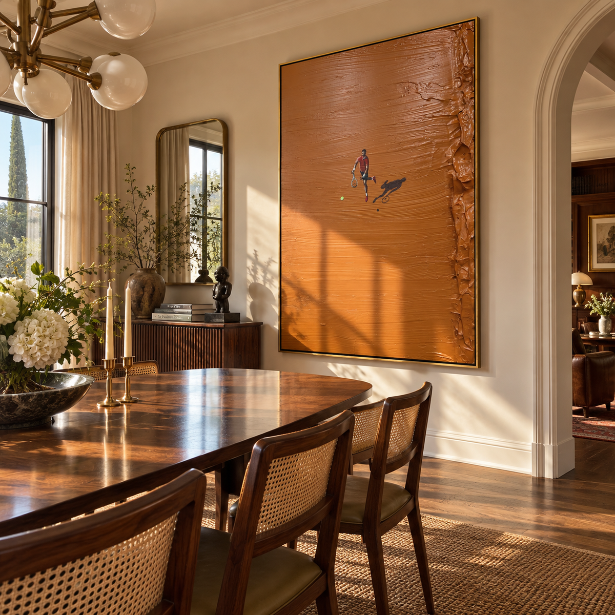 Amber Crimson Court Field Calm - textured tennis painting shown in modern room setting 3