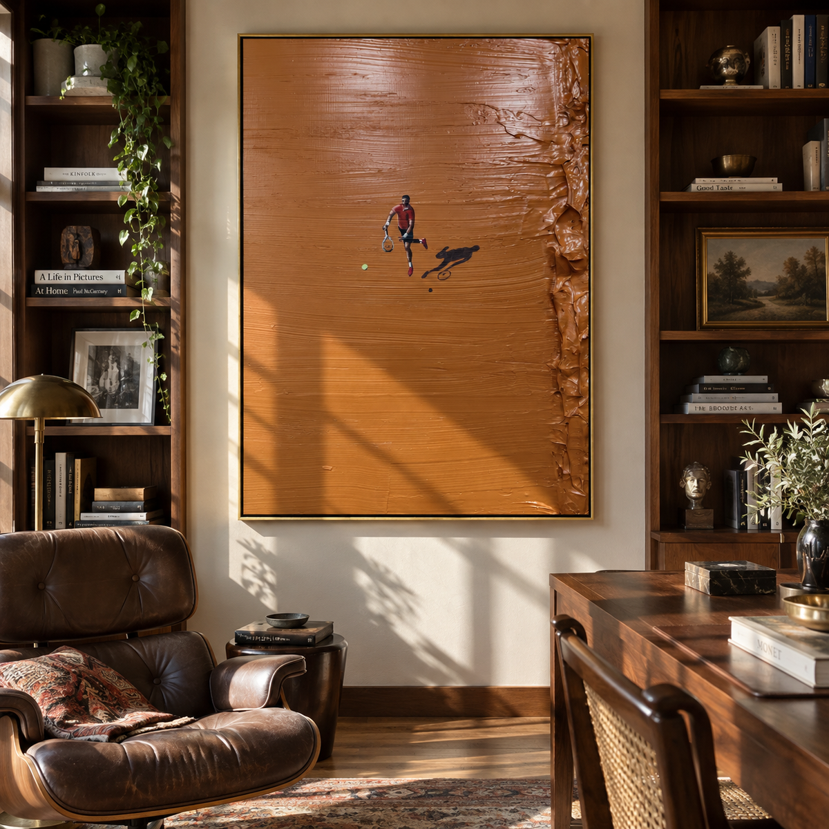 Amber Crimson Court Field Calm - textured tennis painting shown in modern room setting 5
