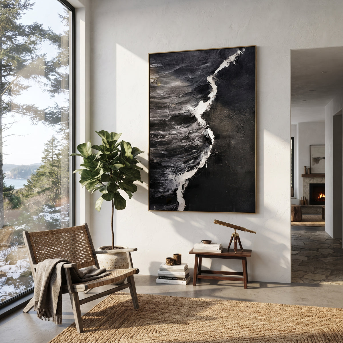Slate Onyx Azure Passage Stillness - textured abstract painting displayed in a styled interior