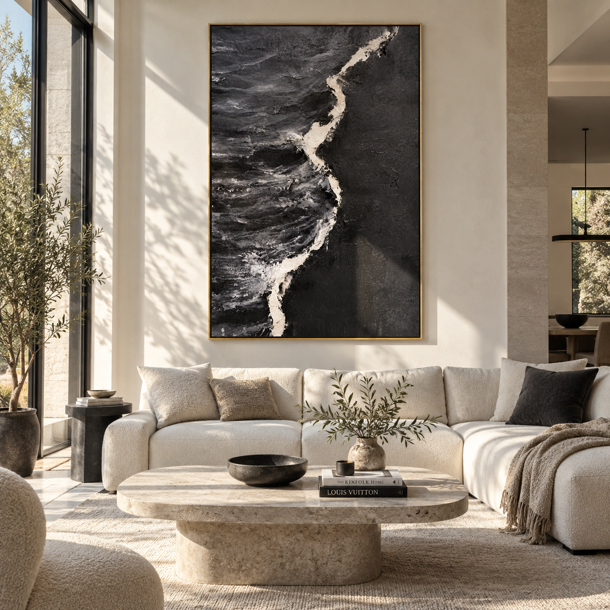 Slate Onyx Azure Passage Stillness - textured abstract painting shown in modern room setting 3