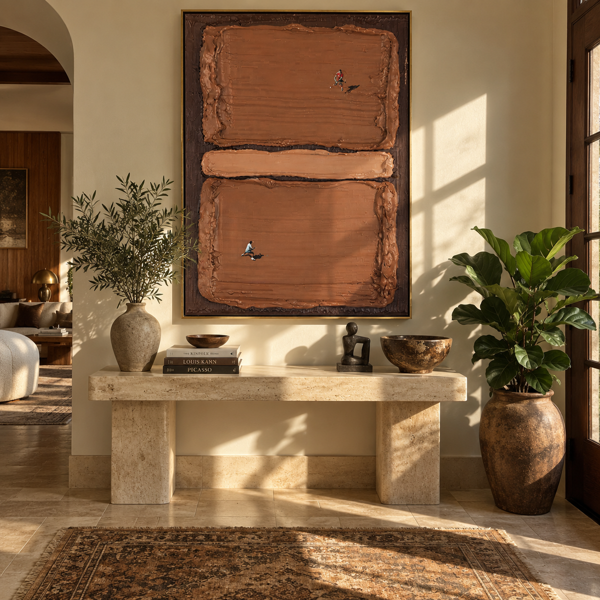 Amber Umber Court Balance Dusk - textured tennis painting displayed in a styled interior