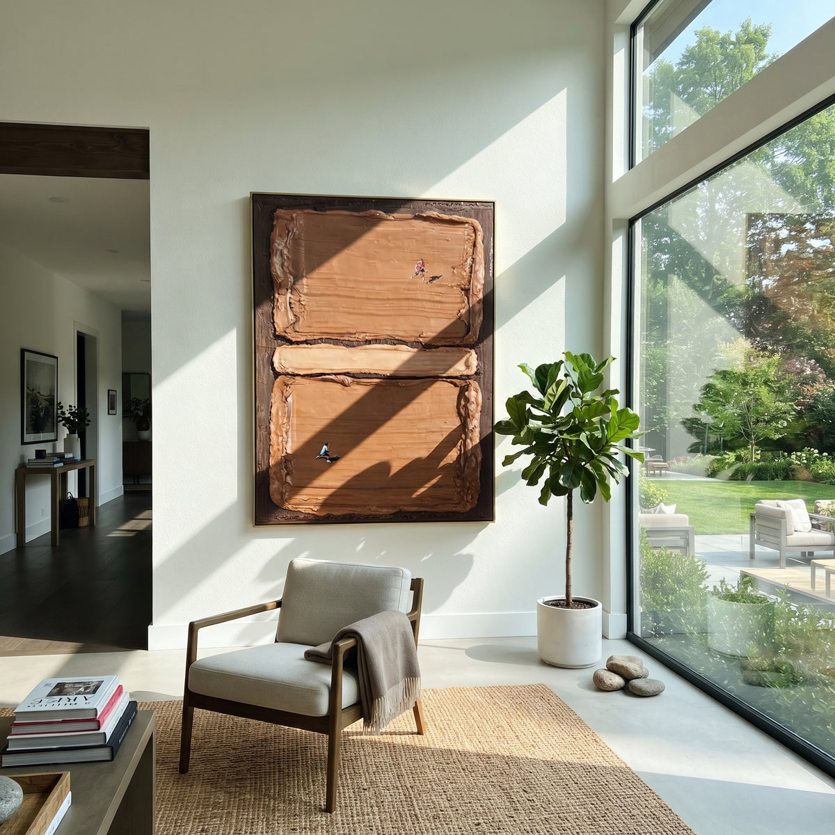 Amber Umber Court Balance Dusk - textured tennis painting shown in modern room setting 2