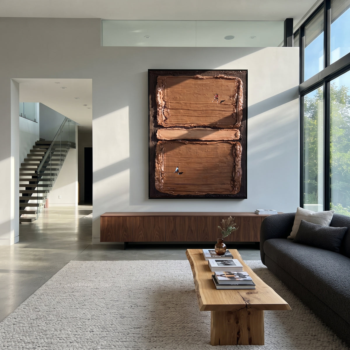 Amber Umber Court Balance Dusk - textured tennis painting shown in modern room setting 3