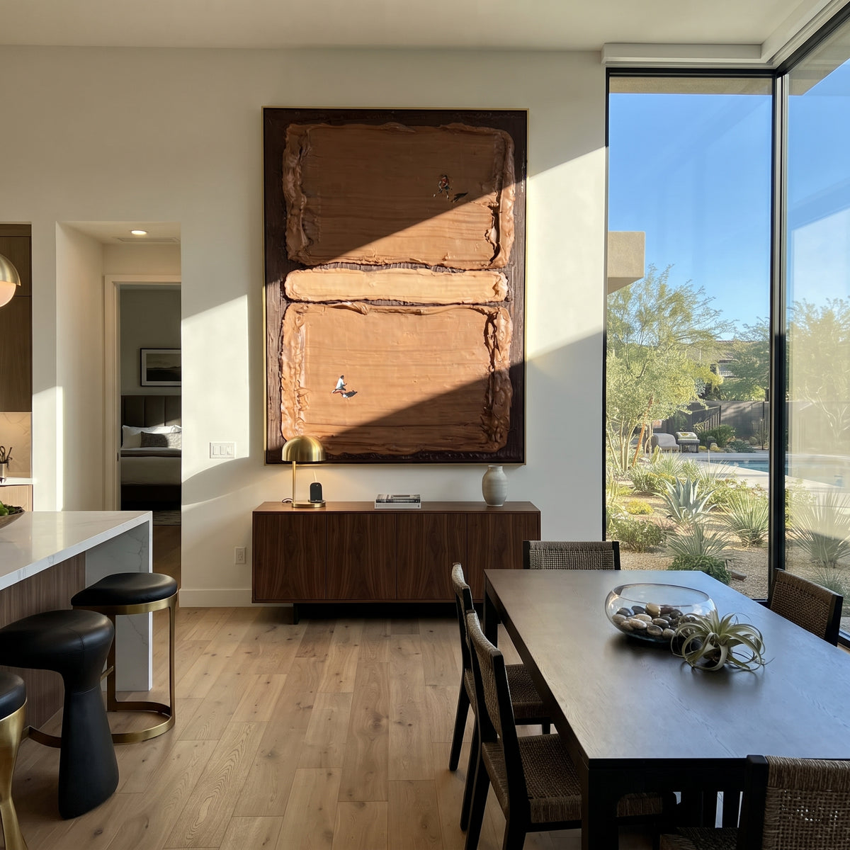 Amber Umber Court Balance Dusk - textured tennis painting shown in modern room setting 4