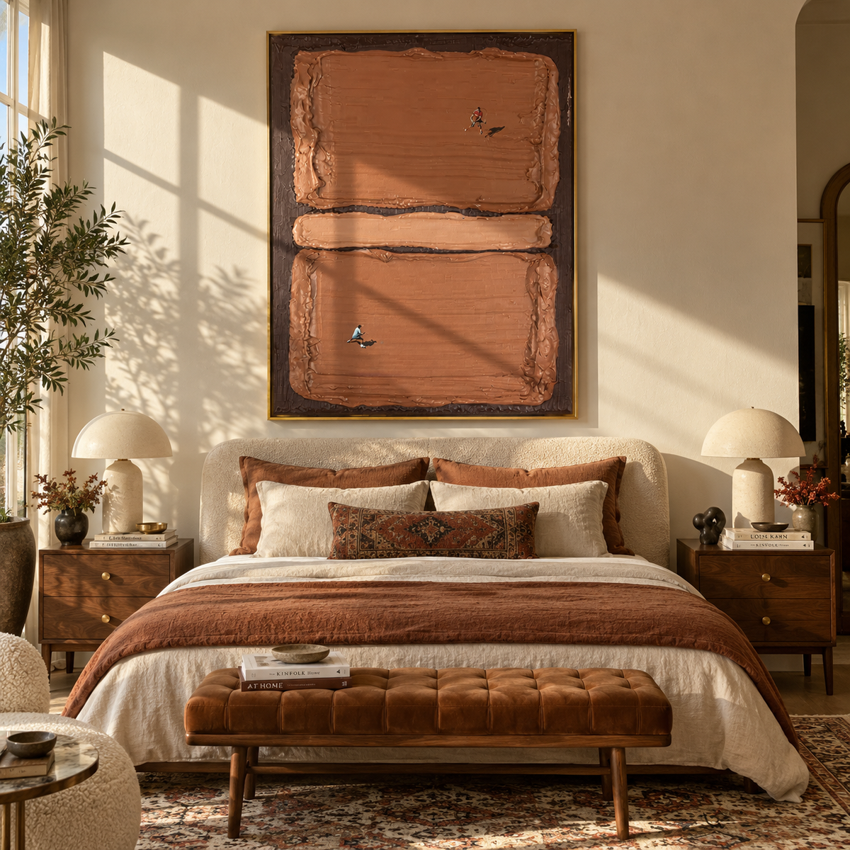 Amber Umber Court Balance Dusk - textured tennis painting shown in modern room setting 5