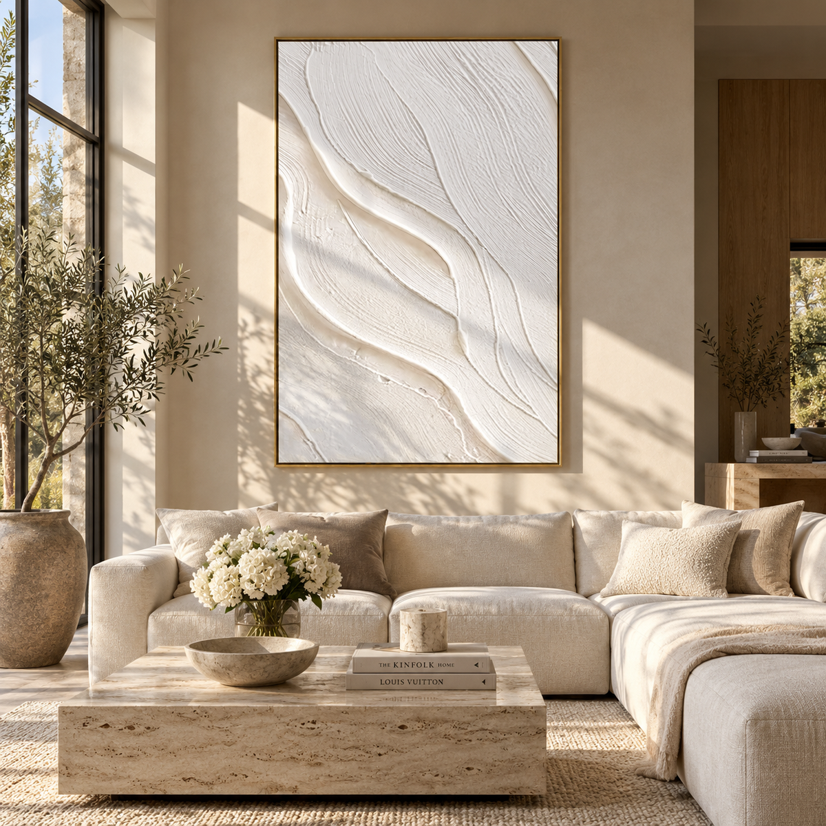 Slate Onyx Linen Contours Light - textured abstract painting displayed in a styled interior